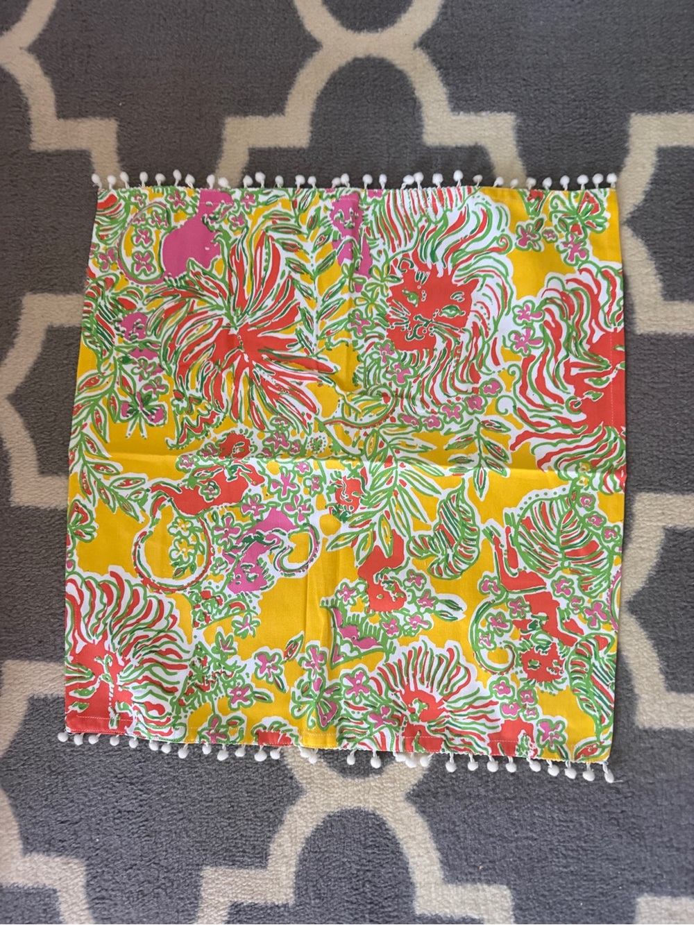 Lilly Pulitzer Yellow Floral Scarf with Pink Label and White Pom Trim